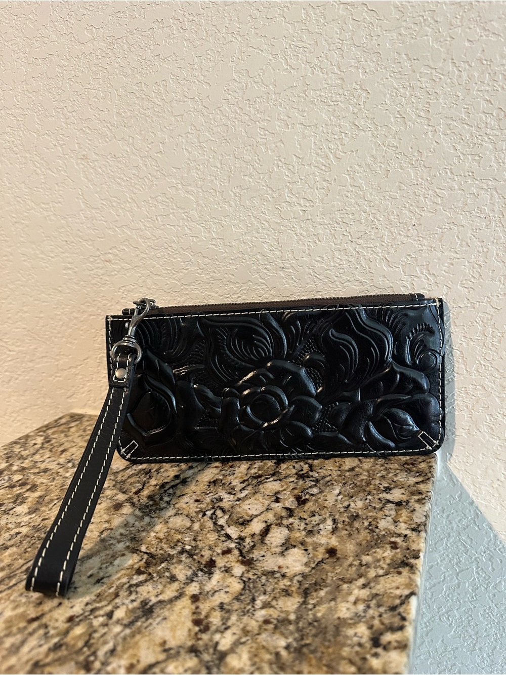 Patricia Nash Floral Embossed Leather Wristlet Pouch Black